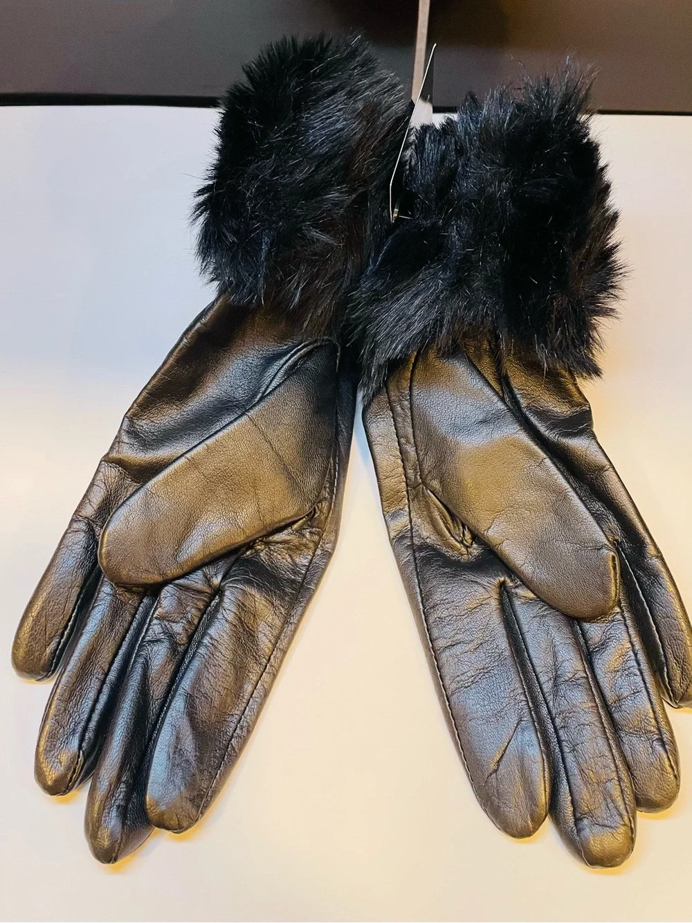 Beautiful soft leather black gloves with faux fur by Alexandra Bartlett